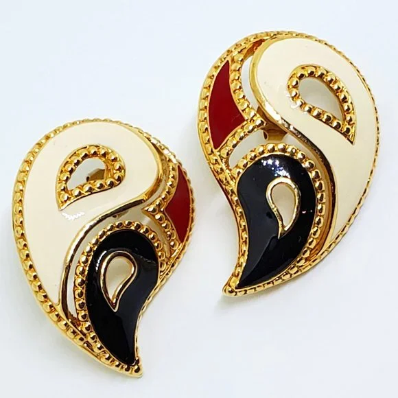 Vintage AVON Contrast Kaleidoscope Red Black Cream Enamel Gold Pierced Earrings - Picture 1 of 10